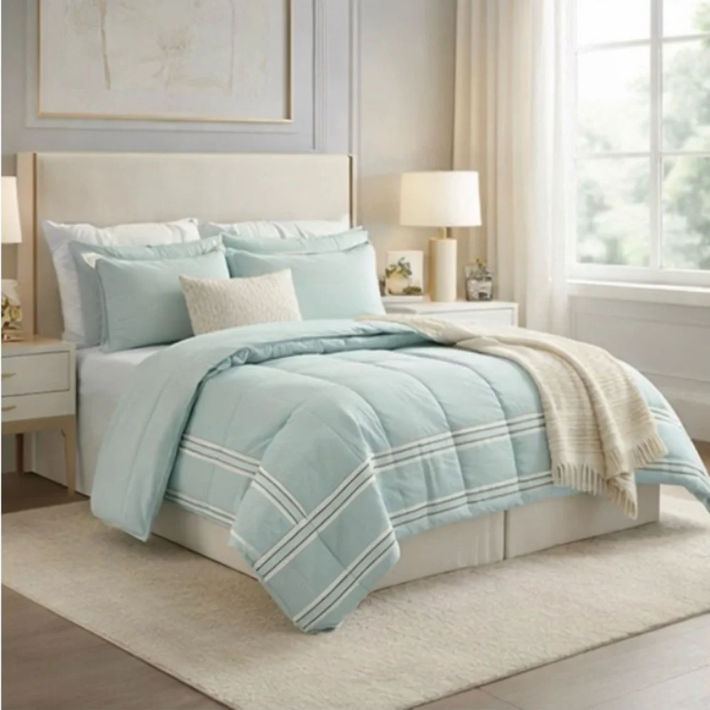 Reversible Color block w a seaside vibe, the Aiden comforter Set.